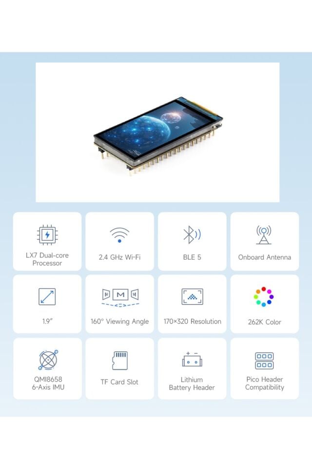 ESP32-S3 1.9'' 170x320 LCD Ekranlı Geliştirme Kartı - Wi-Fi ve Bluetooth